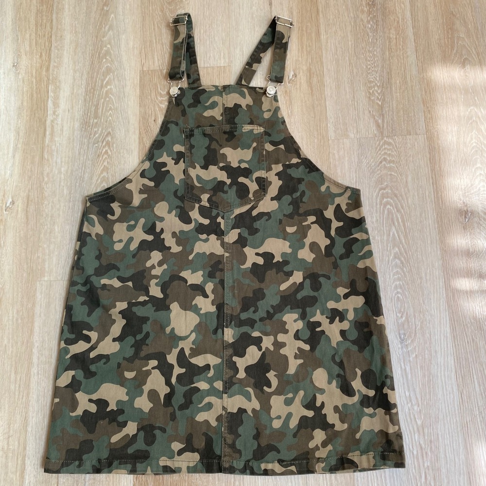 New Look Womens XL Camouflage Pinafore Overall Dress Green Brown Camo Mini
